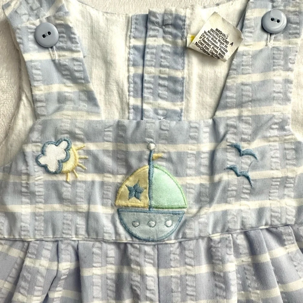 Vintage Overalls Romper Blue & White Plaid Baby Boy 3/6M Sailboat Boat Sun Scene